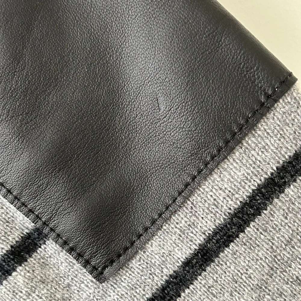 Woolly Minded Wool Cashmere Gray Striped Leather Shoulder Patch Crewneck Sweater